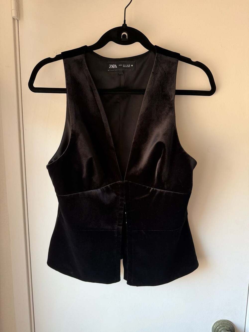 Zara Black Velvet V-Neck Clasp Front Vest Top
